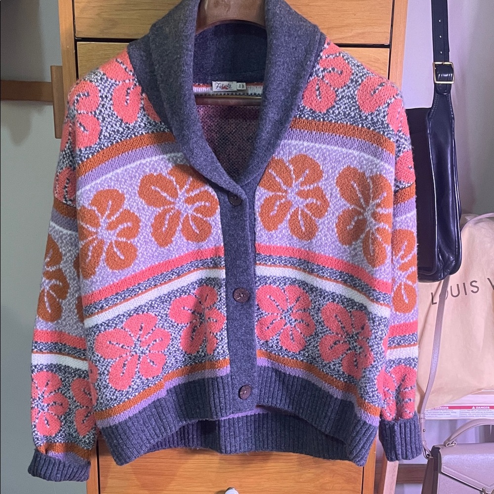 Faherty Gray and Orange Floral Cardigan